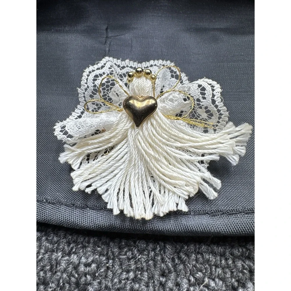 Vintage Handmade Angel Brooch Cream Gold Tassel Textile Art Pin